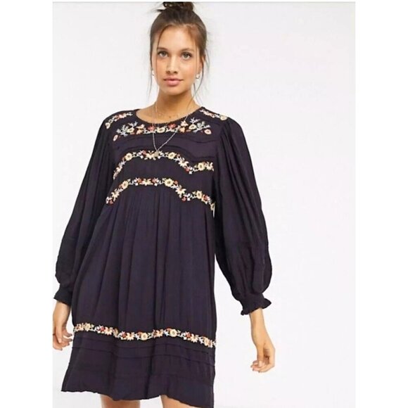Free People Pasadena Embroidered Dress Long Sleeve Mini Plum Crinkle - Picture 1 of 16